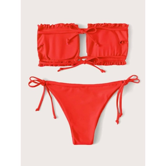 Red Bandeau Strapless Cinch String Tie Bikini - Picture 3 of 5